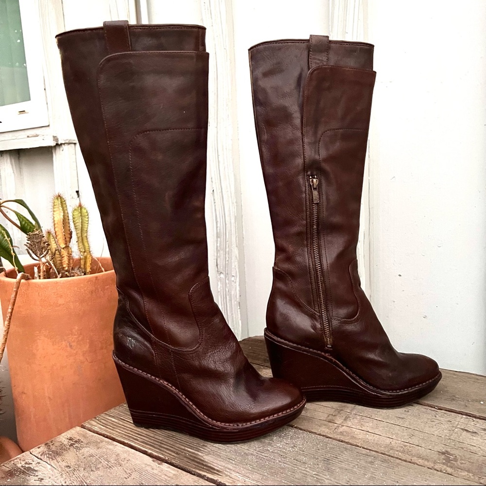 Frye Paige Tall Wedge Brown Leather Boots 8